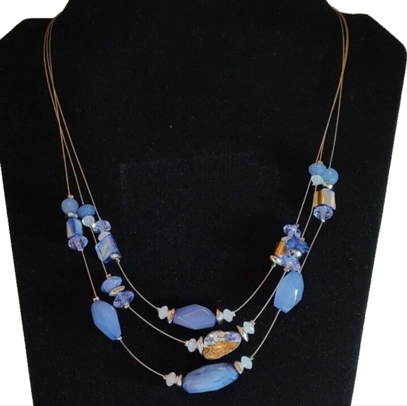 Blue Silver Tone Color Changing Clear Beaded 3 Strand Station Necklace 18" - 21" - Picture 1 of 8